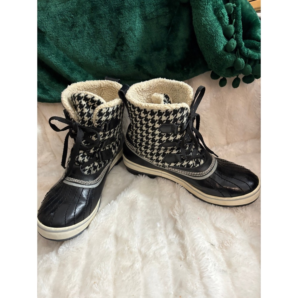 Sorel Winter Carnival Waterproof Houndstooth Duck Boots Black White Womens - Picture 2 of 10